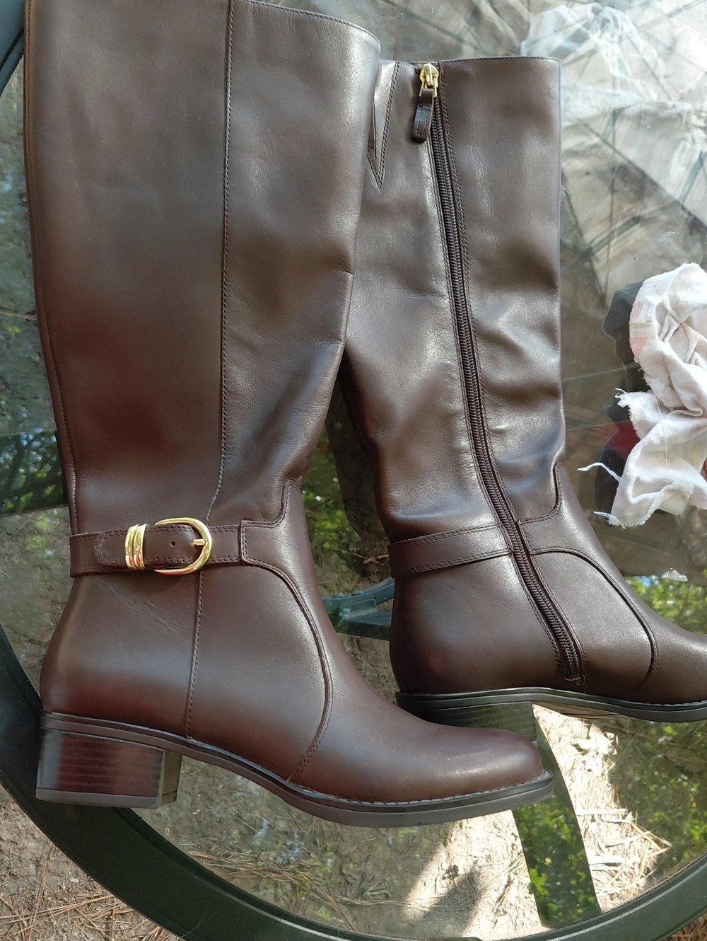 Franco Sarto Brown Leather Mid-Calf Boots with Gold Buckle